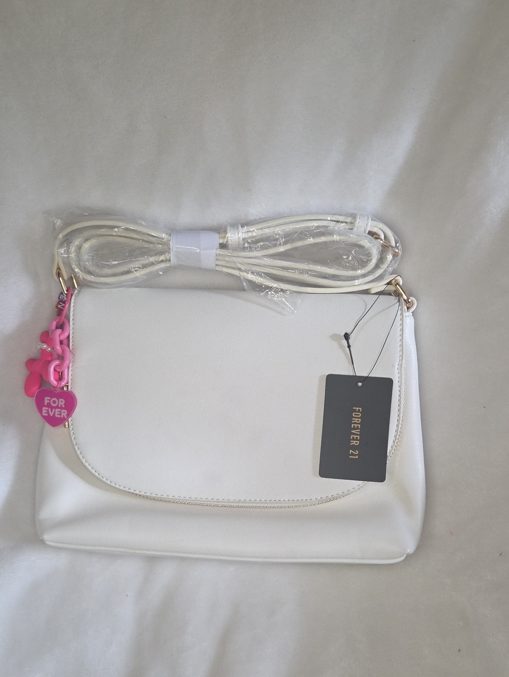 Forever 21 White Crossbody Bag with Pink Charm Accents